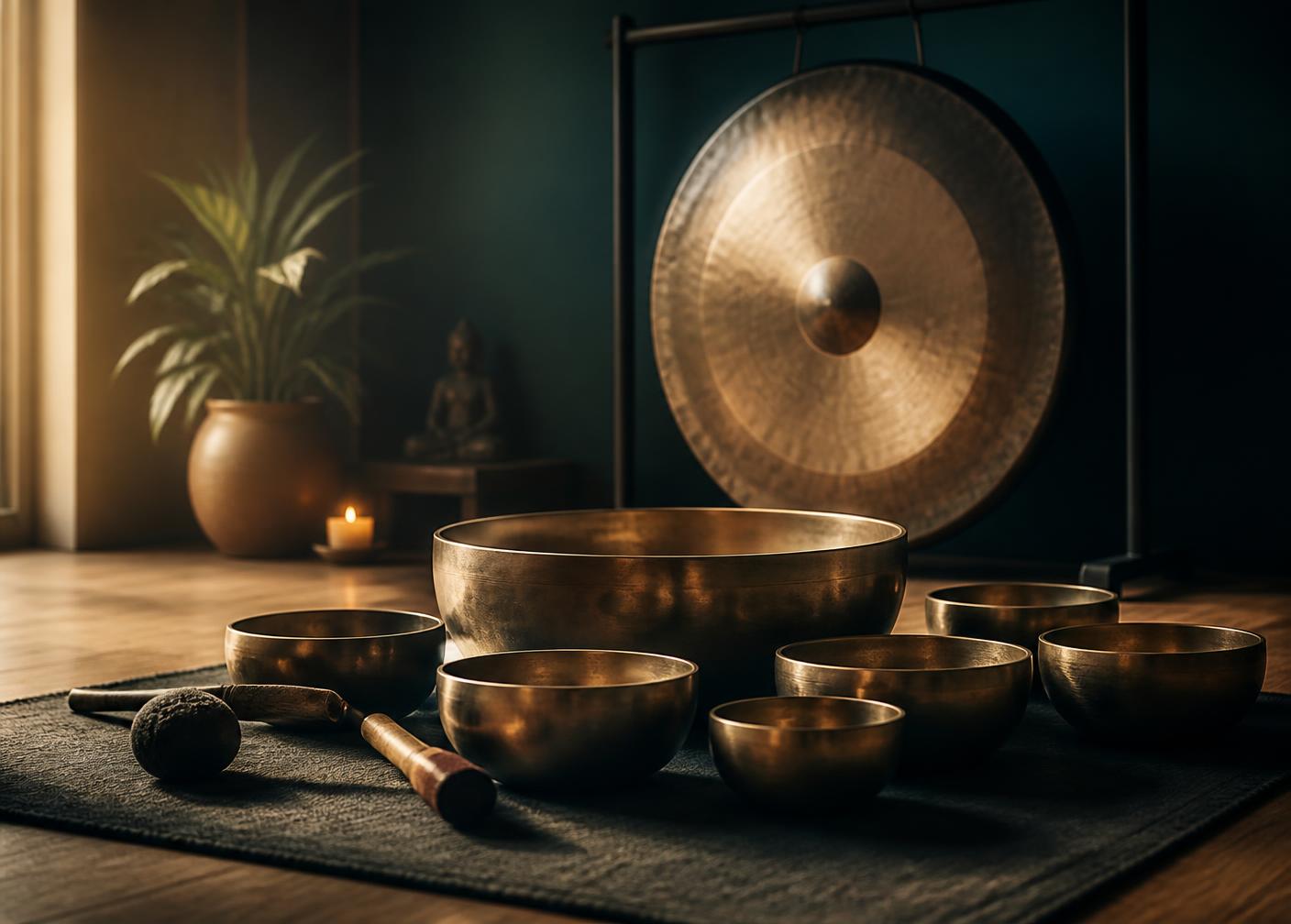 Campane tibetane e gong in una stanza raccolta
